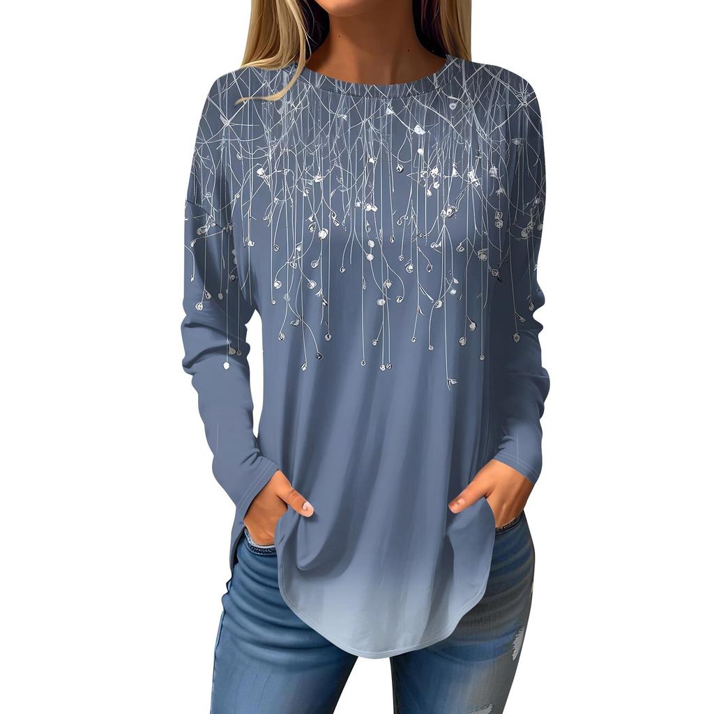 Damen T-Shirt mit Rundhalsausschnitt, lockerer Schnitt, langärmelig, Top, Pullover