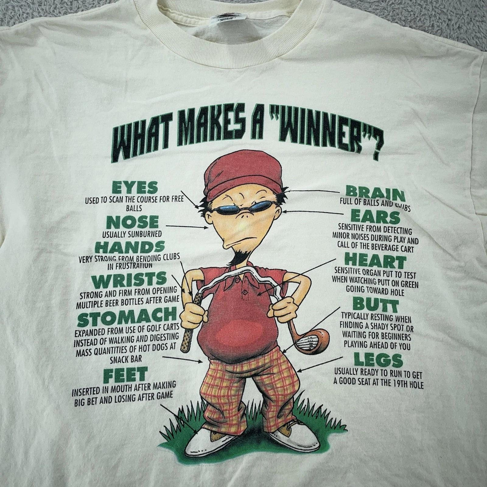 

Vintage Golf Joke Shirt Mens L/XL What Makes a Winner Funny Graphic Cartoon Tee S