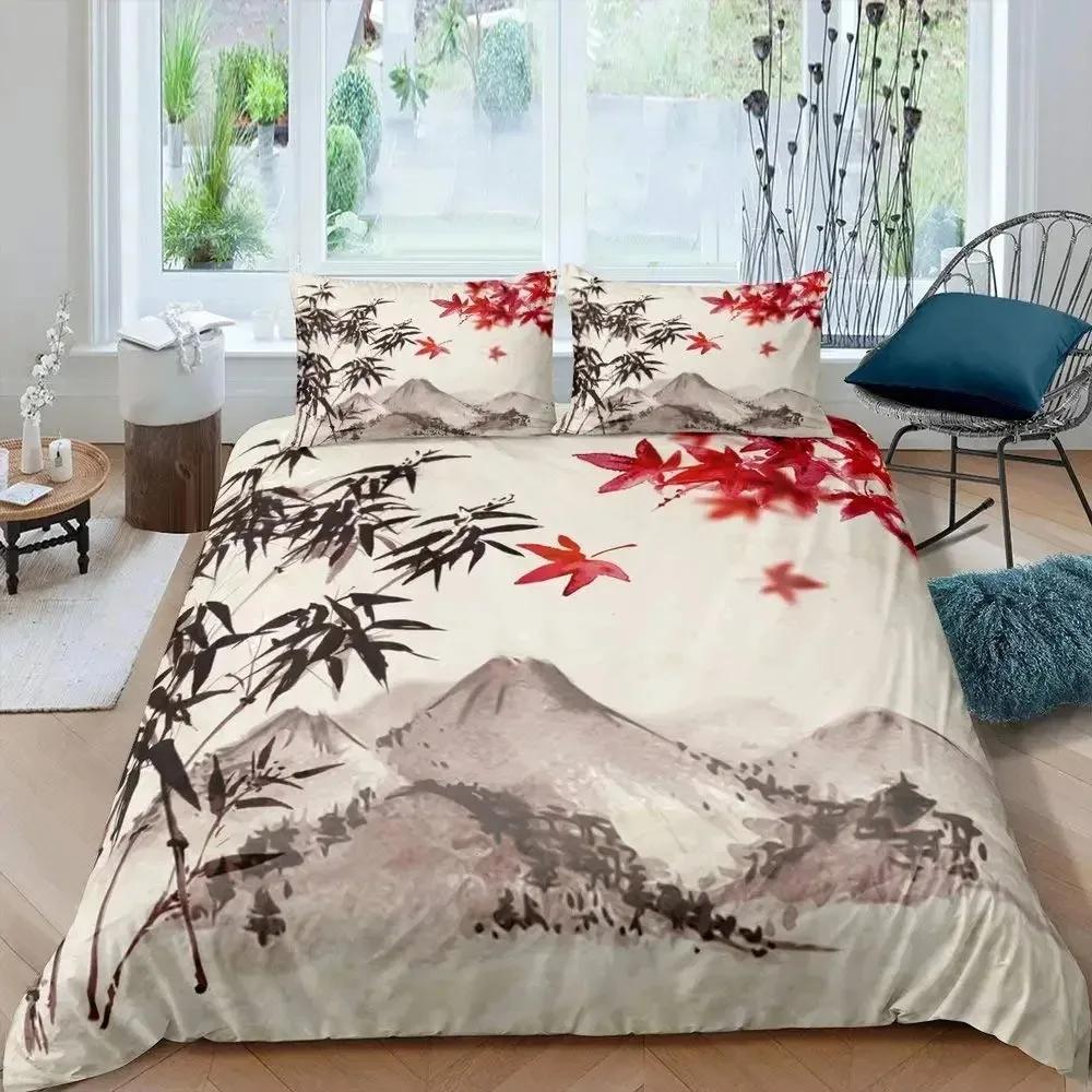 Bamboo Duvet Cover Set Bamboo Branches Bedding Set Tree Print Comforter Cover Fashion Retro Floral Style Quilt Cover Queen Size
