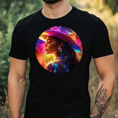 Men's T-Shirt Cowgirl Holographic Motif Cotton Size XS To 5XL