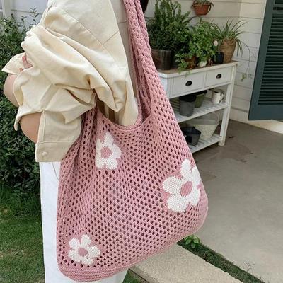Moda Tatlı Çiçek Örme Hollow Tote Çanta Büyük Kapasiteli Alışveriş Çantası Bayanlar Kadınlar için Basit Retro Omuz Çantası Çanta