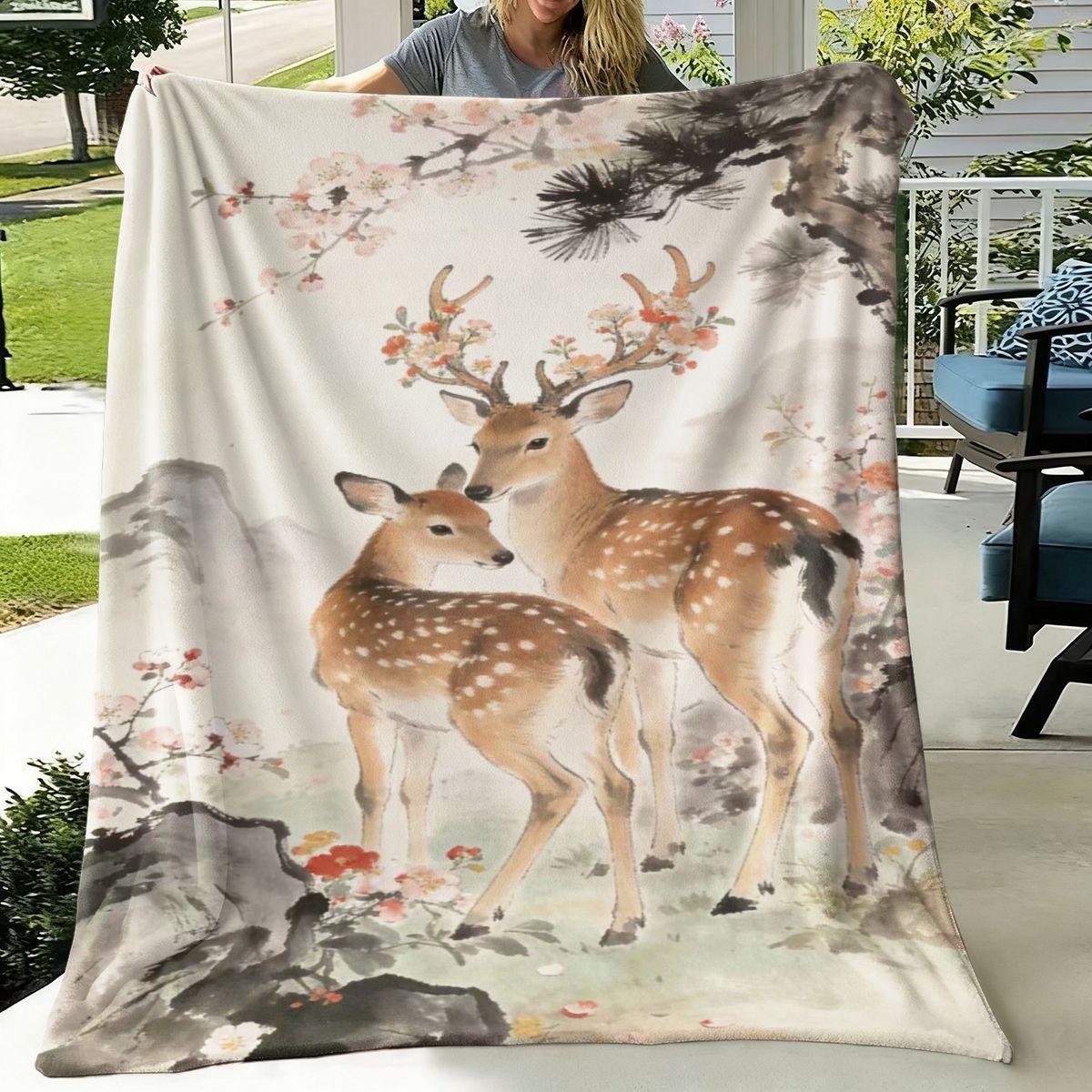 Pair of Deer Embroidered Flannel Blanket - Multi-functional Nap Cover - Summer Sofa Cushion Cover 70*100cm