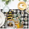 Set mit 4 Frühlings-Bienen-Gnom Gänseblümchen-Plaid Tischsets, Leinen gewebte rechteckige Tischmatten, nur Handwäsche, für Bauernhaus-Küchendekor, Esszimmerdekor