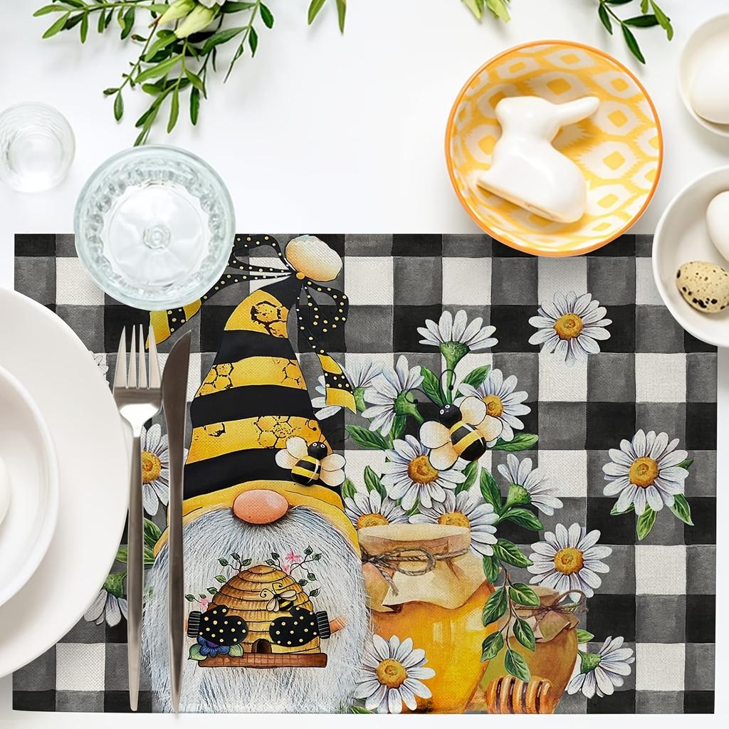 Set mit 4 Frühlings-Bienen-Gnom Gänseblümchen-Plaid Tischsets, Leinen gewebte rechteckige Tischmatten, nur Handwäsche, für Bauernhaus-Küchendekor, Esszimmerdekor