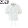 Zbzr Spring New Women Clothes Western Style Sweet Hollow Embroidered Lace-up Doll Collar Puff Sleeve All-Matching Top