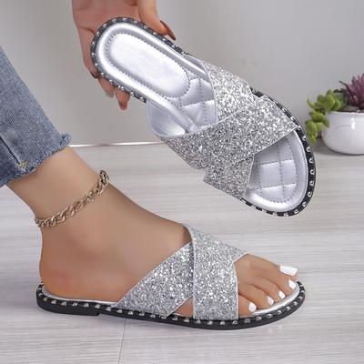 European and American Style Silver Cross One-word Sequins 24 Summer New Fashion Women's Large Size Flat Slippers