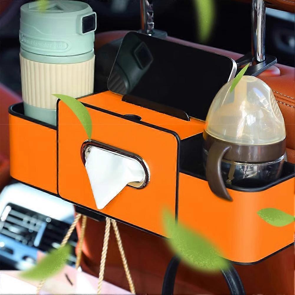 Leather Car Backseat Organiser with Cup Holder Tissue Box Seats Back Hook Hanger Bottle Holder Napkin Storage Bag Universal Fit for Vehicle Headrests