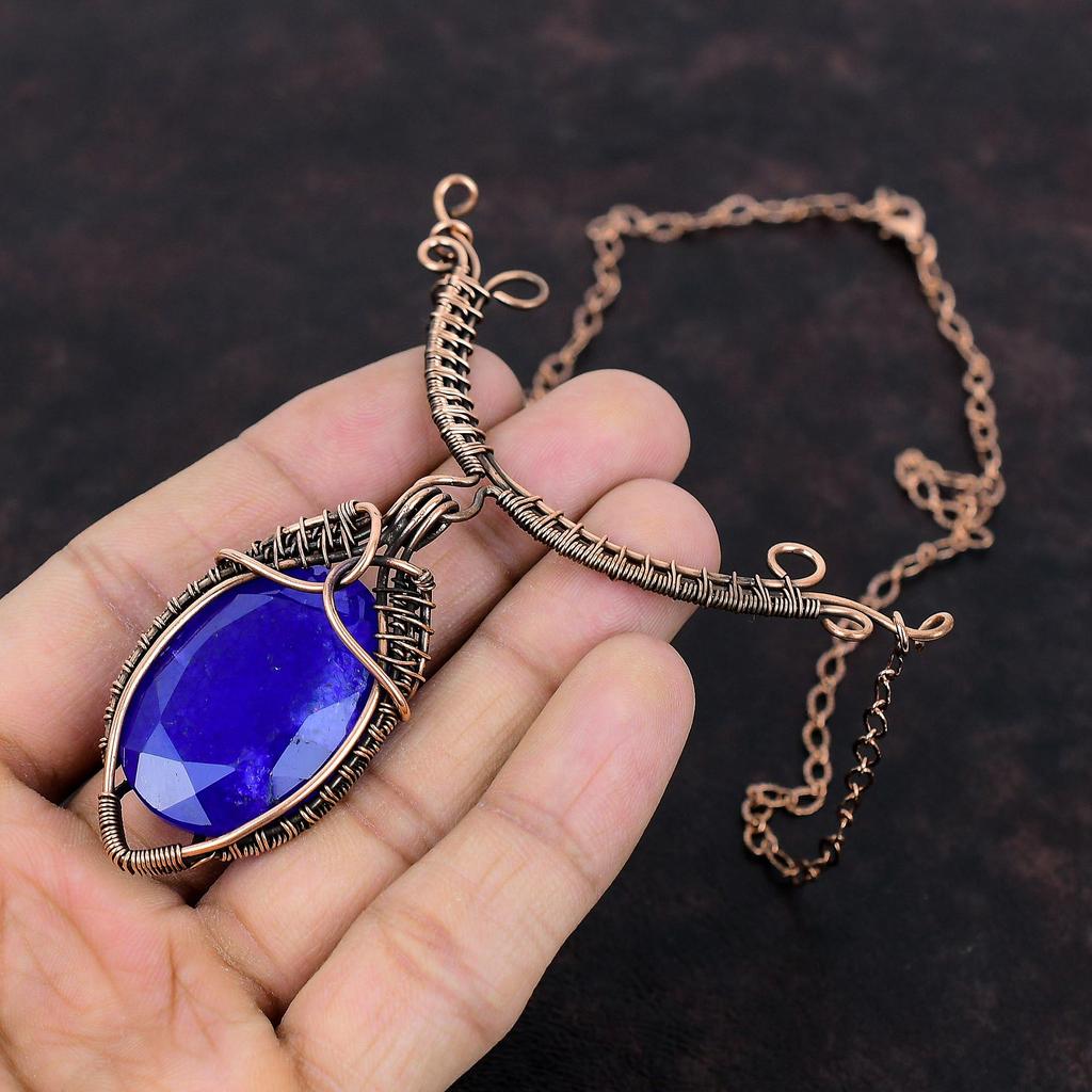 Faceted Blue Sapphire Gemstone Necklace Copper Wire Wrapped Necklace Adjustable Necklace Handmade Necklace Copper Wire Jewelry Gift For Her
