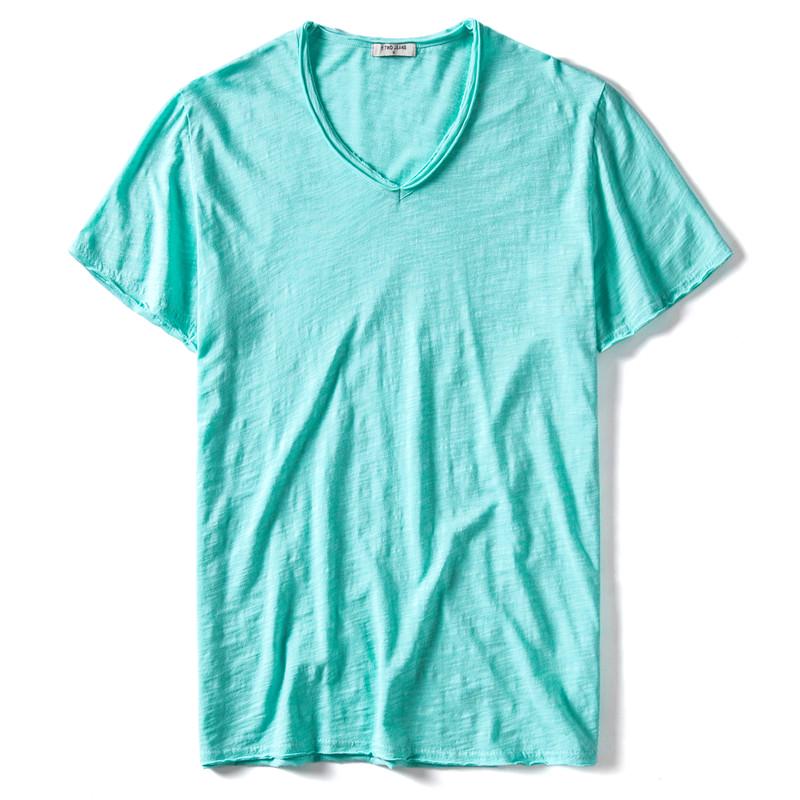 2025 New Summer V-neck T-shirt Men 100% Combed Cotton Solid Short Sleeve T Shirt Men Fitness Undershirt Male Tops Tees