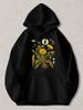 Black Pullover Hoodie with Vintage Dandelion Botanical Illustration Yellow Flower & Seed Head Graphic Print Unisex Casual Sweatshi