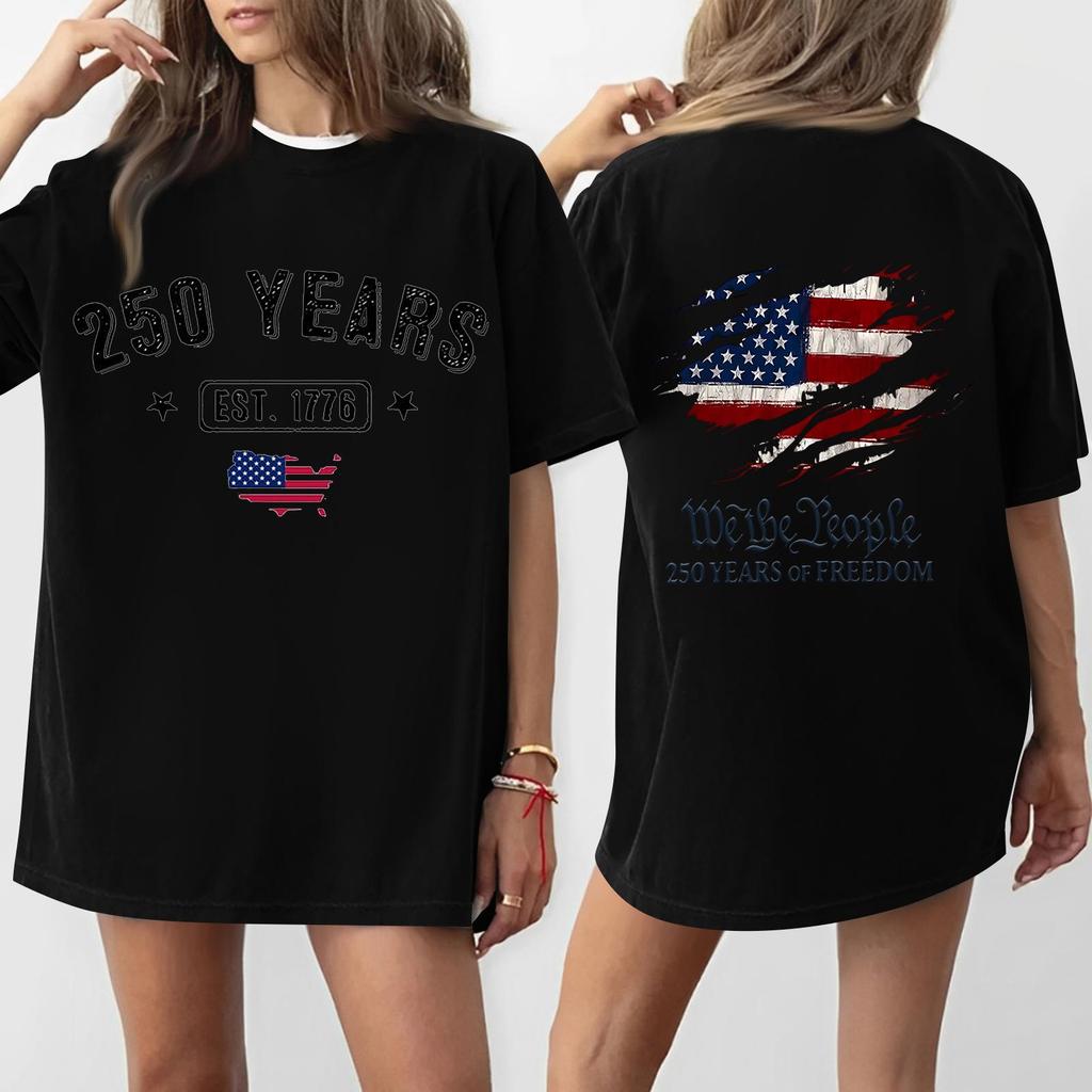 Women's Casual Independence Day 250 Anniversary Printed T-shirt Round Neck Pullover Short Sleeve Top
