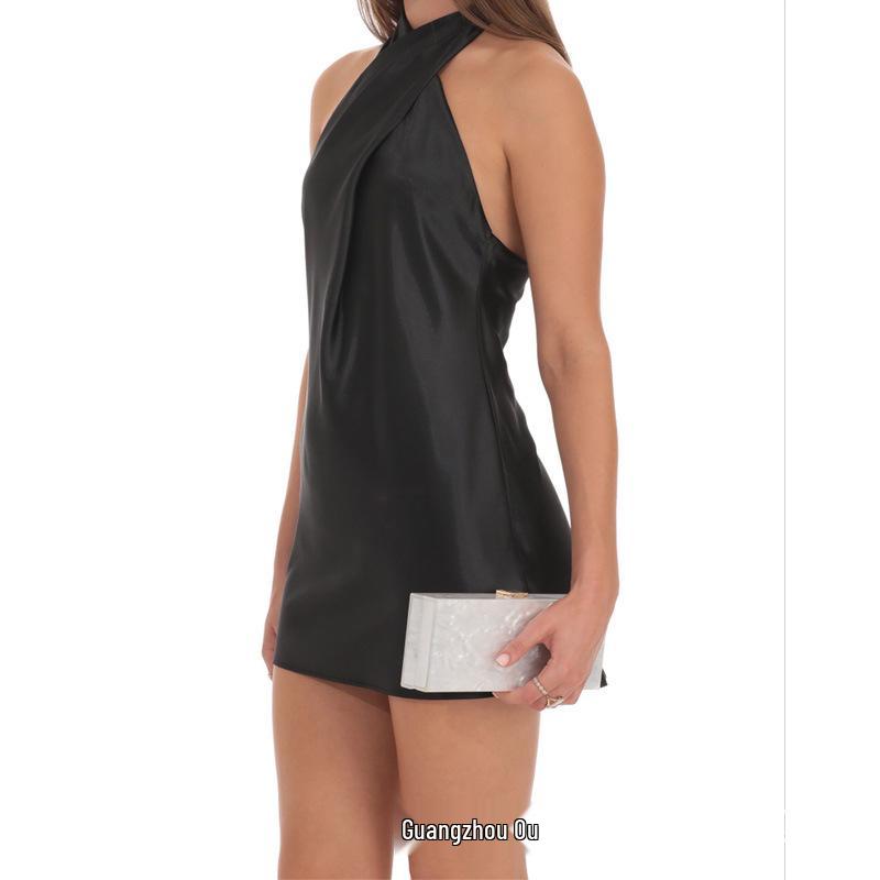 Europäischer & Amerikanischer Stil Schwarzes Neckholder Ärmelloses Enganliegendes Kurzes Kleid