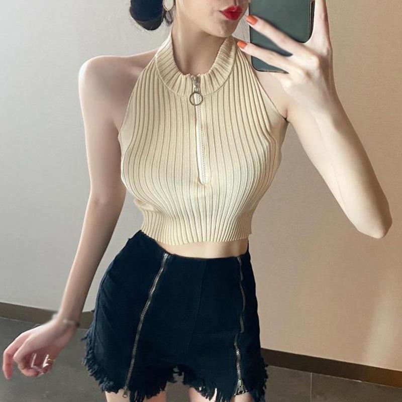 Dámský Crop Top Korzet Top Pletená vesta Upnutý zip bez rukávů