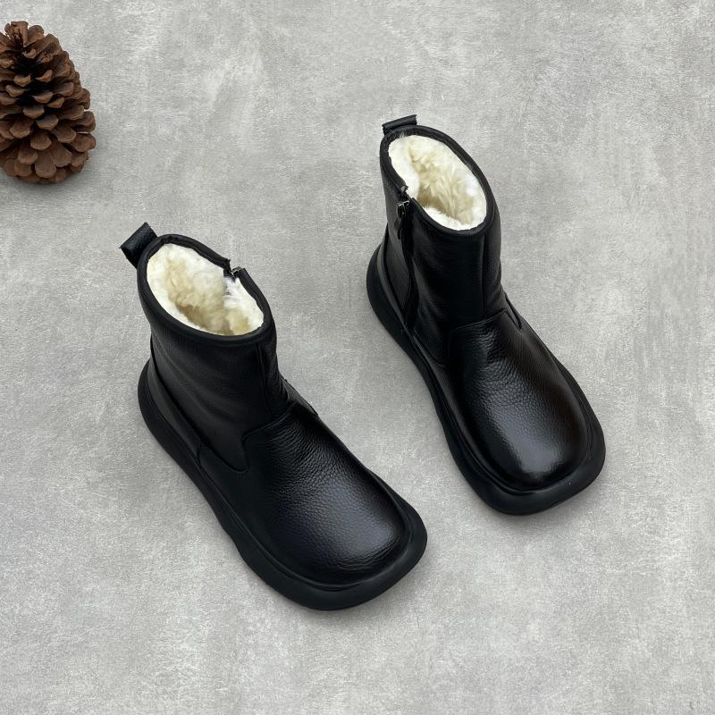 Johnature Genuine Leather Warm Cotton Boots Thick Soled Comfortable Side Zipper Women's Short Boots