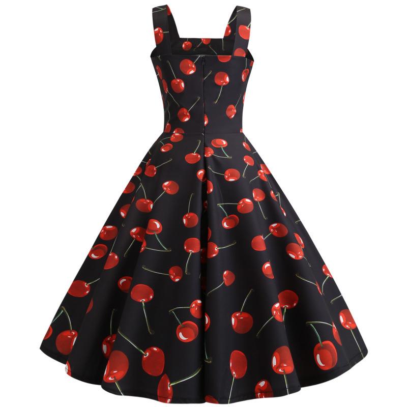 2019 Summer Retro Print Spaghetti Strap Dress with Big Swing Skirt