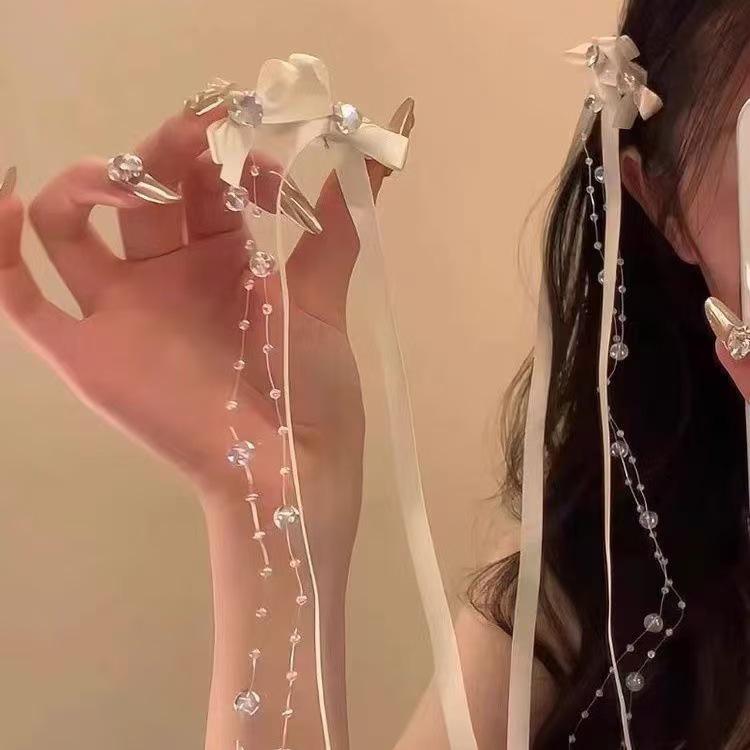 Fermaglio per Capelli con Nappa e Fiocco in Perline e Nastro Francese per Bambine – Doppia Pinza Intrecciata Stile Balletto