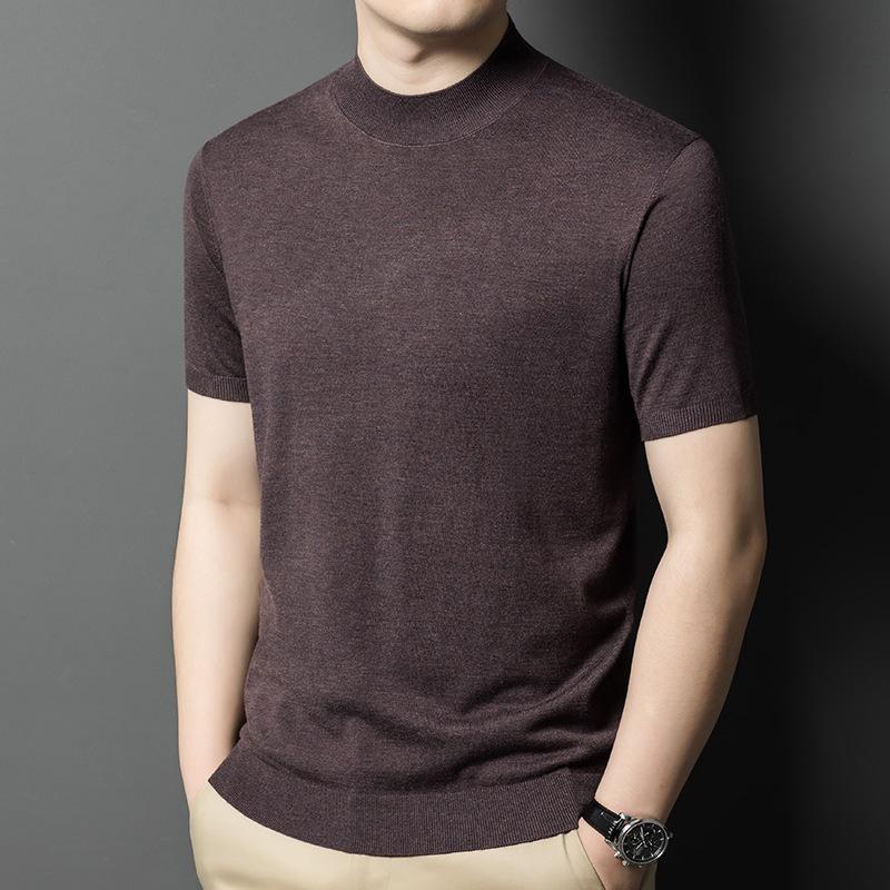 Spring New Solid Color Wool-containing Middle-aged Men's Sweater Thin Half Turtleneck Short-sleeved Sweater Men's Clothing