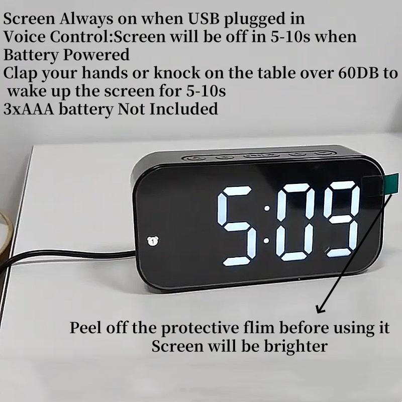 Cyfrowy budzik z kontrolą głosową, temperatura, podwójne alarmy, funkcja drzemki, zegar stołowy, 3 poziomy regulacji jasności, zegar LED 12/24H