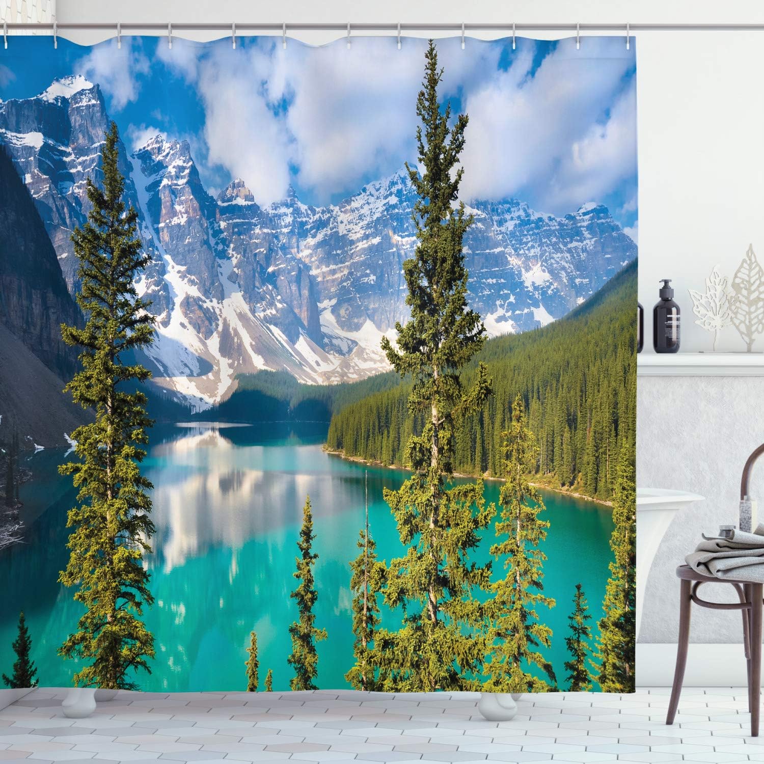 Moraine Lake Shower Curtain Canadian Rockies Mountain View Summer Forest Blue Green Landscape with Hooks 90x180cm35x71in