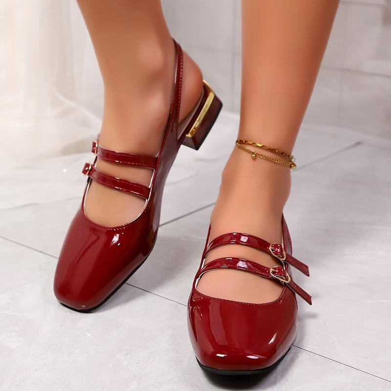 Fashion Elegant Bao Toe Pu Leather Sandals Women Fashion Double Buckle Pu Leather Sandal Woman Wedding Back Strap Low Heel Sandals Lady