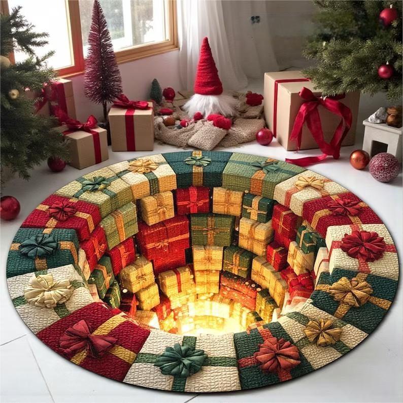 Christmas 3D Gingerbread Man Round Carpet Mat Rug Festive Home Decoration Xmas Tree Decorative Floor Mat for Holiday Party