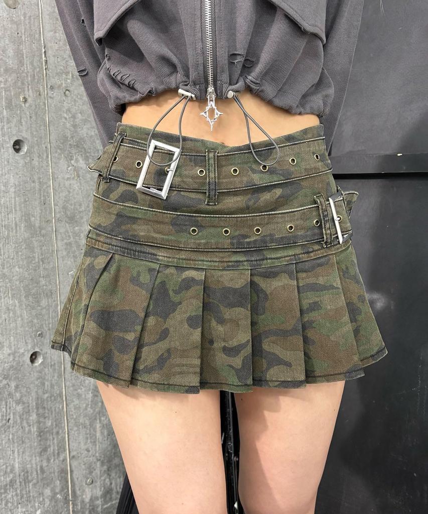 WEGO Figments Double Belt Denim Pleated Mini Size Pattern 1 Skirt, Women's, Small,