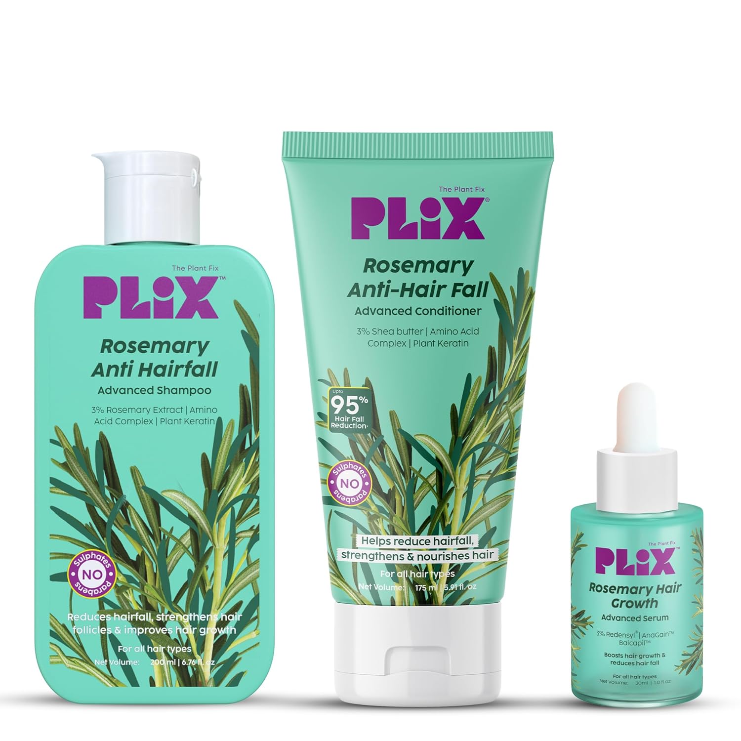 PLIX The Plant Fix Rosemary Anti Hairfall Hair Care Combo Shampoo Conditioner Serum Sulphate Free Unisex 405 ml