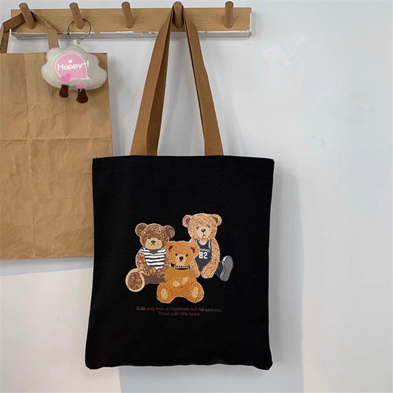 Cute Carto Bear Print Canvas Tote Bag, Large Capacity Handbag Women Shoulder Bag, Literary Teen Student School Bags Handbag