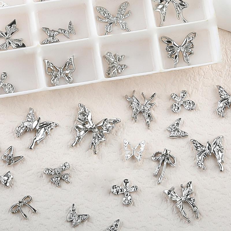 20Pcs Silver Alloy Butterfly Nail Art Bow Charms Accessories Parts For Manicure Doecr Retro Nails Decoration Design Supplies