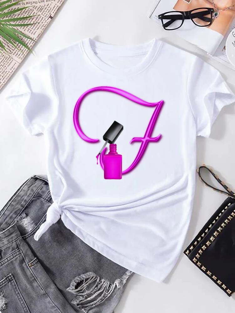 Maycaur Custom Name Letter Combination Fashion Women T-shirt Nail Polish Letter Font A B C D E F G Short Sleeve Tops Female Tees