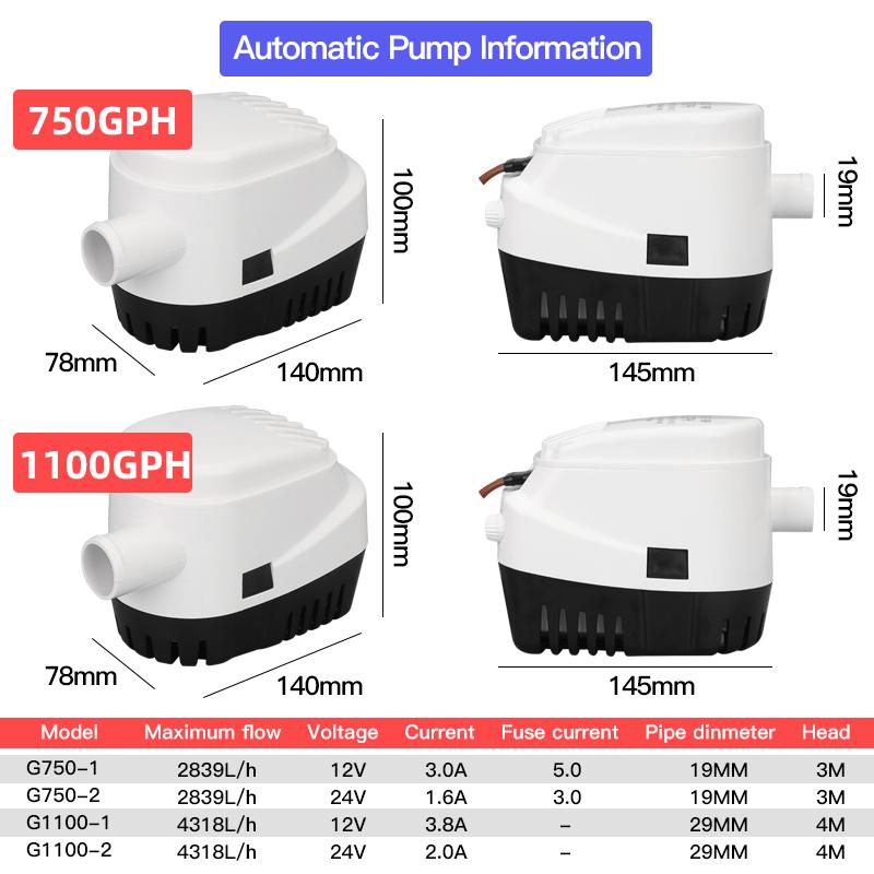 12 V 24 V 110 V 220 V 750 GPH 1 100 GPH Automatické lodní stokové čerpadlo Automatické plovákový spínač DC Ponorná elektrická voda 12 24 V 220 V