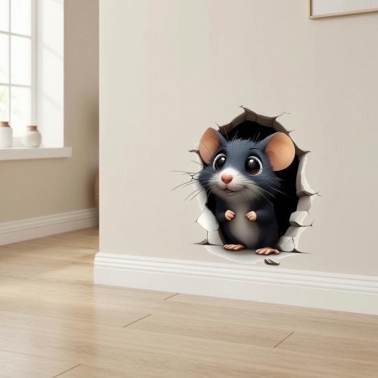 Waterproof PVC Wall Mural 3D Break Through Mouse Decal, Cute Rat Sticker, Versatile Room Ornament Self-Adhesive Removable Art Decor for Home