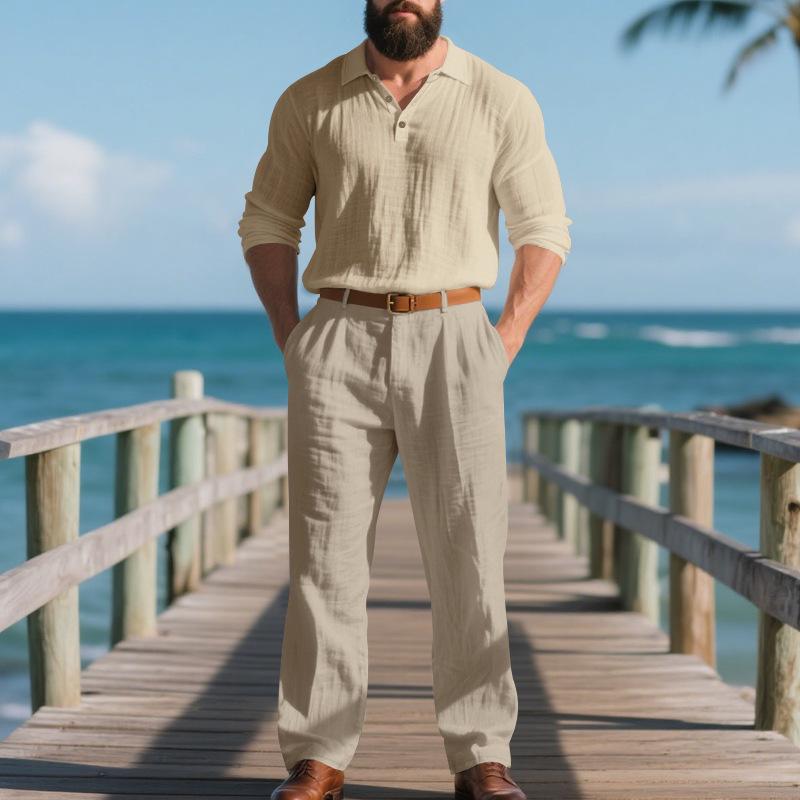 Atmungsaktives Leinenhemd & Hose Set für Herren - Lässig, Bequem, Unifarben XL khaki