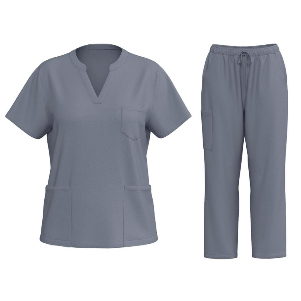 Women's Fashion Short Sleeve V Neck Pattern Tops Pocket Working Set