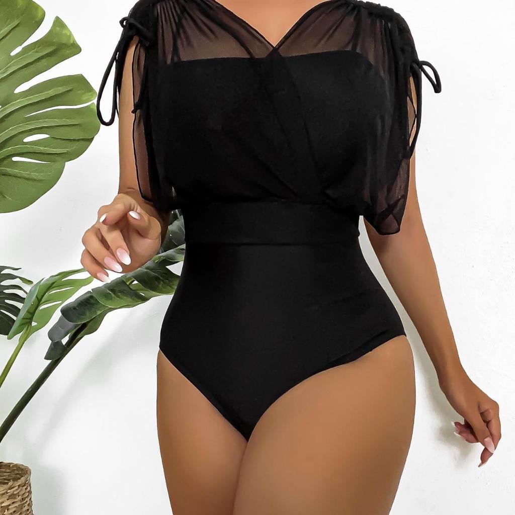 Shencai Sexy Europäischer & Amerikanischer Stil High Waist Einfarbig Jumpsuit mit Mesh V-Ausschnitt Oberteil, Hot Item X08