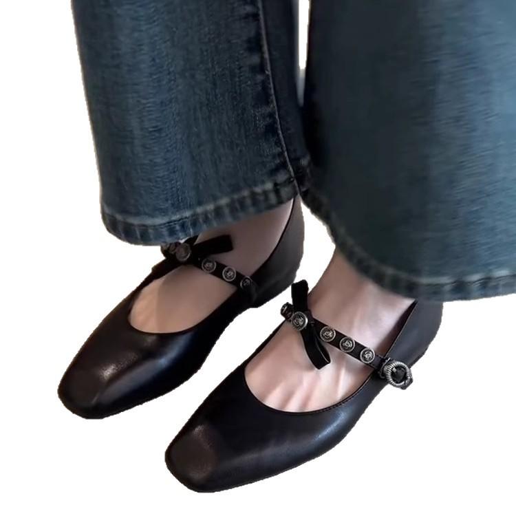 Super Soft Lambskin French Single Shoes Women's Flat Bow Light Mouth Ballet Shoes Small Square Head Retro Mary Jane Shoes