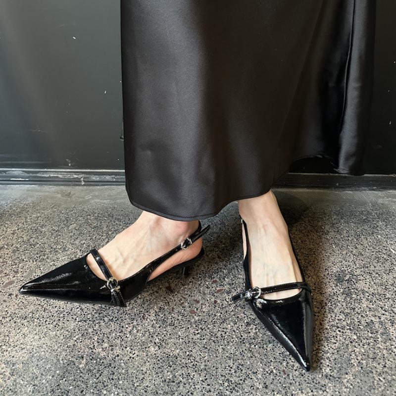 Fashion Patent Leather Thin Heel Pointed Toe Women Sandals 2025 Summer Buckle Low Heel Shallow Dress Shoe Sexy Party BrandsShoes