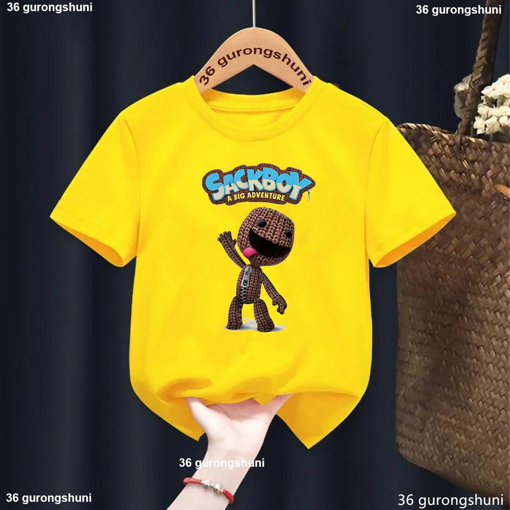 New Boys T-Shirt Funny Video Game Lbp Sackboy Cartoon Print Kid Tshirt Fashion Trendy Boys Clothes Summer O-Neck White Shirt Top