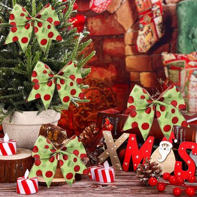 12 Pcs Red Green Dot Christmas Bow Rustic Burlap Bow with Green Furry Hair And Santa Hat for Xmas DIY Crafts Party Decoration