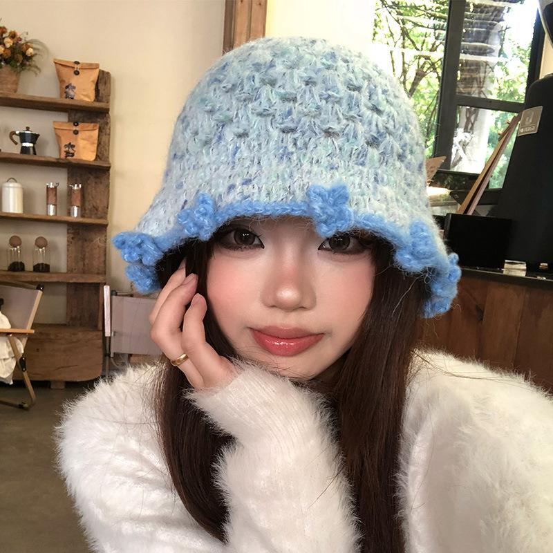 Handwoven blue flower bucket hat women's autumn and winter sweet versatile atmosphere knitted hat warm wool hat