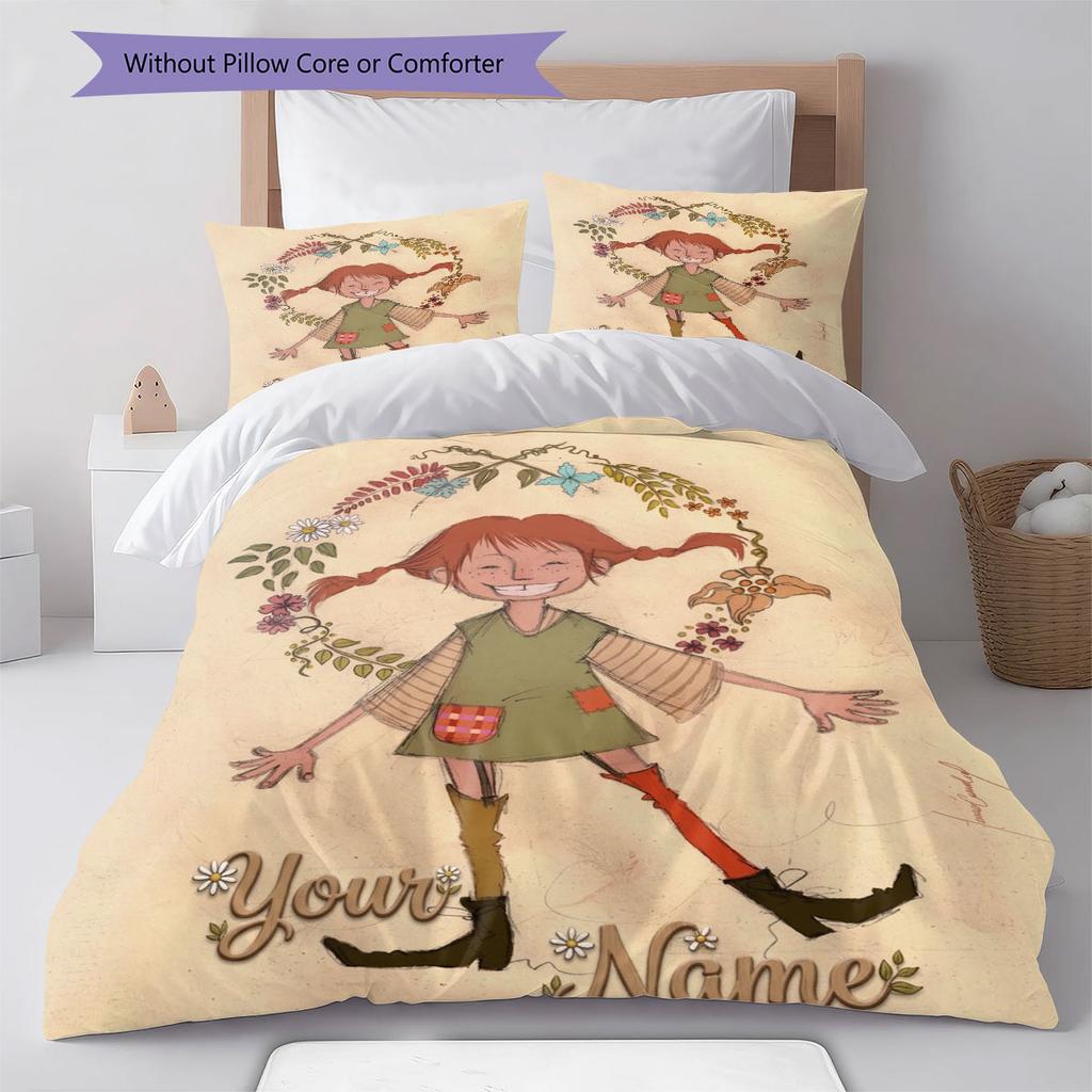 Pippi Longstocking Custom Name Pattern Bedding,Quilt Set Quilt Cover Pillowcase Home Birthday Gift(1 * duvet cover + 2 * pillowcase, without core)