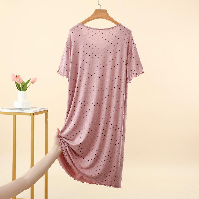 Damen Sommer Modal Pünktchen Rüschen Kurzarm Midi Kleid Übergröße Schmeichelnd Lockerer Schnitt Nachthemd Lässiges Nachthemd Loungewear Kleider