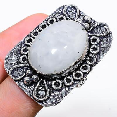 Φυσικός Λίθος Φεγγαρόπετρας Ουράνιου Τόξου Δαχτυλίδι από Ασήμι 925 Μέγεθος 9.5 N1w51