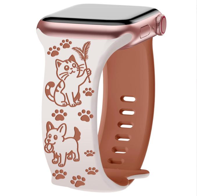 Apple New Style Cartoon Carved Silicone Watch Strap - Cute Cat & Dog Theme.