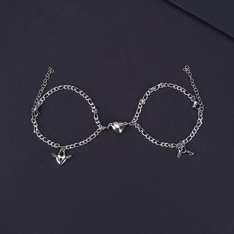 European & American Magnetic Love Lock Bracelet Pair: Stainless Steel Heart-Key Design for Couples