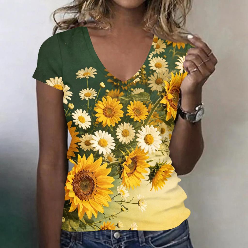 Women Casual V Neck Short Sleeve Floral Print T Shirt Lightweight Soft Fabric Comfortable Fit Summer Top