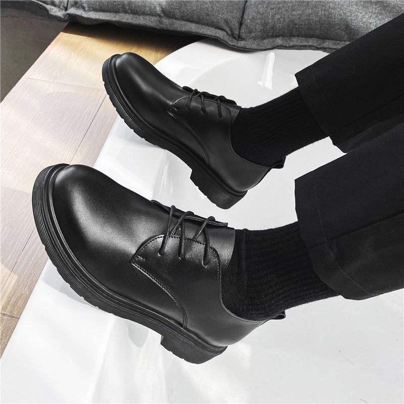 2025 Men's Black Round Toe Leather Shoes - British Style, Korean Trend, Formal & Casual