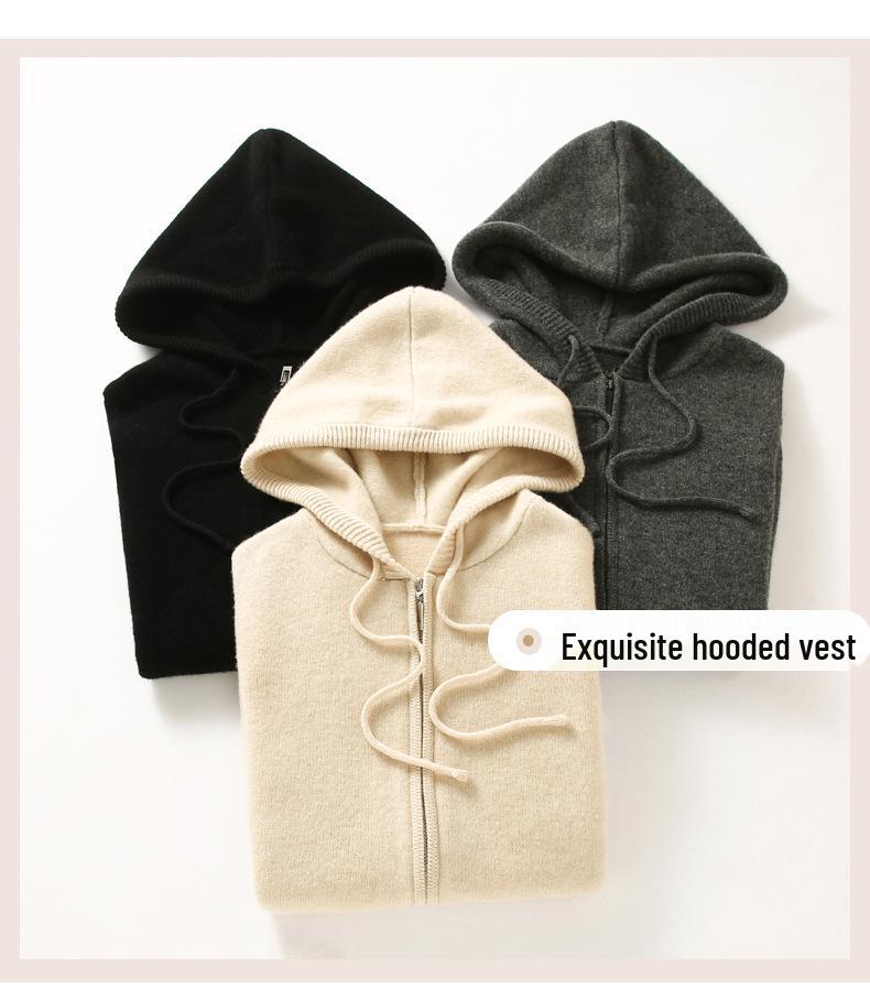 2026 Autumn Soft Pure Wool Hooded Knit Vest - Casual, Skin-Friendly, Loose Zipper Top