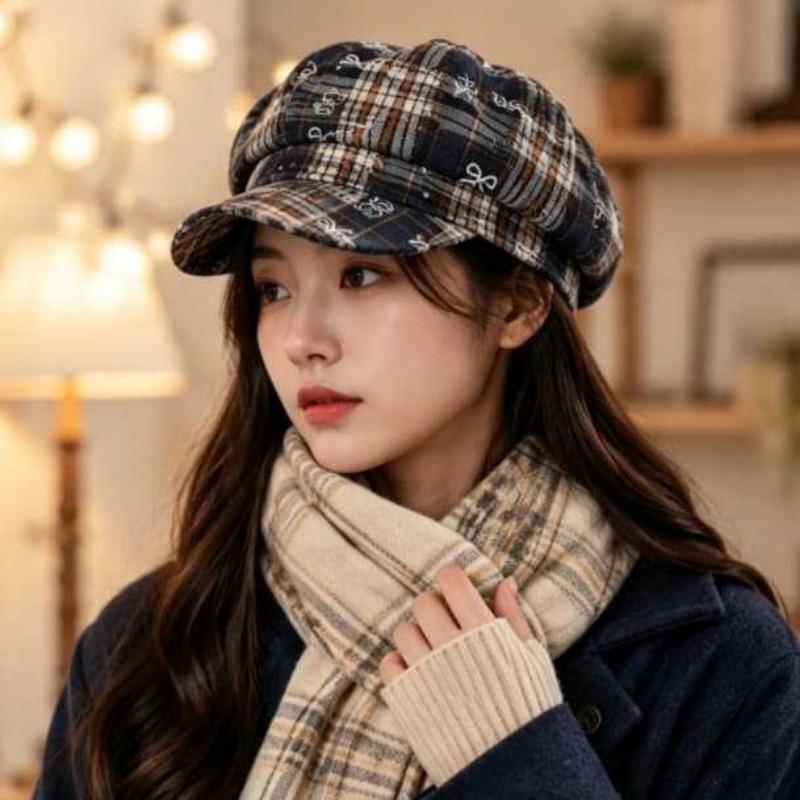 Korean Style Bow Embroidered Newsboy Cap For Women Sweet Autumn Winter Octagonal Hat