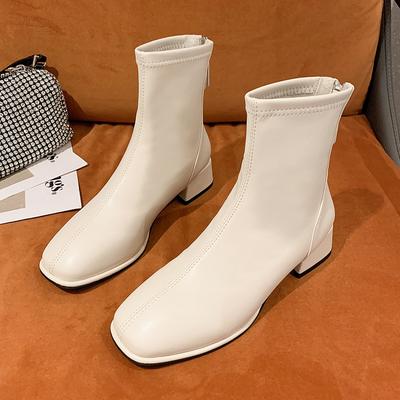 Moda 2024 Inverno Nova Fashionável Bico Redondo Couro Roupa Exterior com Zíper nas Costas Salto Alto para Quente Confortável Tamanho Grande Botas Naked